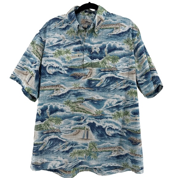 reyn spooner Other - Reyn Spooner Hawaiian Shirt Mens Large Blue Ocean Surfer Print Pullover Pocket